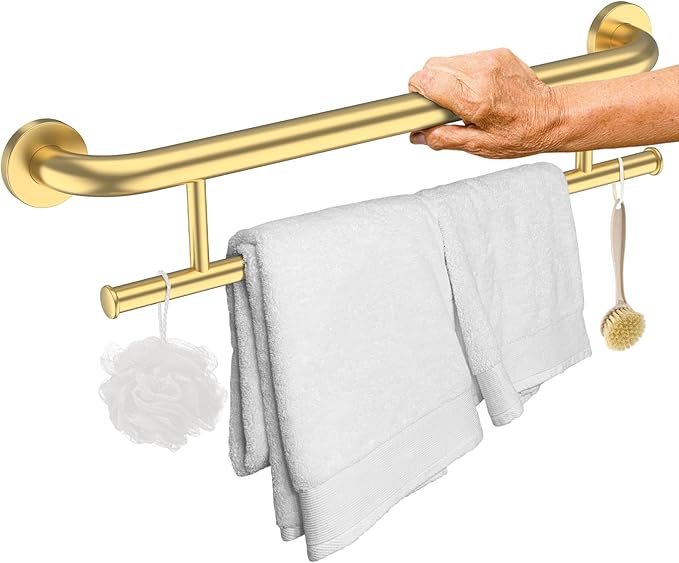Brushed Gold Grab Bar 24 Inch w/Towel Holder, iHansee Stainless Steel Towel Rack Shower Support Balanced Support Handle, Wall Mount Safety Handrail Grab Rail for Elderly Senior Handicap Disabled