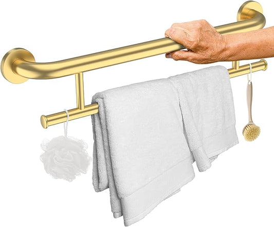Brushed Gold Grab Bar 24 Inch w/Towel Holder, iHansee Stainless Steel Towel Rack Shower Support Balanced Support Handle, Wall Mount Safety Handrail Grab Rail for Elderly Senior Handicap Disabled