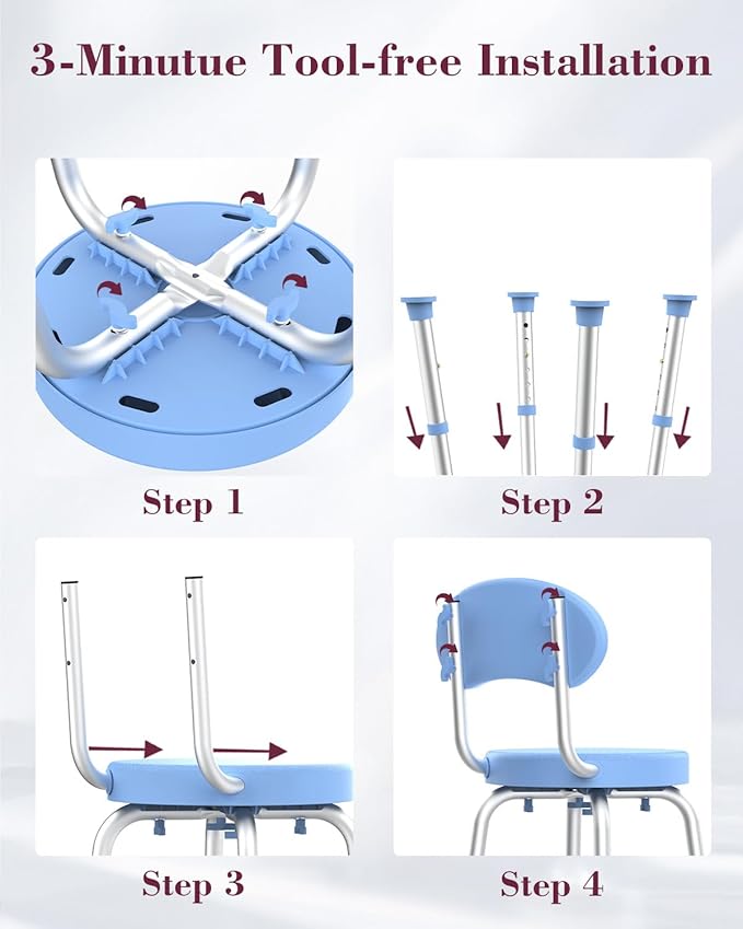 Swivel Shower Chair, 360° Non-Slip Shower Seat with Backrest for Elderly and Disabled, Height Adjustable Rotating Tub Bench for Seniors Bathroom Inside Shower with Compact Frame (Blue)