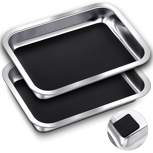Conelist 2 Set 12.2 x 8.27 Inch Dissection Pan with Black Wax Thicken with 4 Rubber Nonslip Mat Reusable Stainless Steel Thicken Dissection Pan for Lab Experiment Junior Senior
