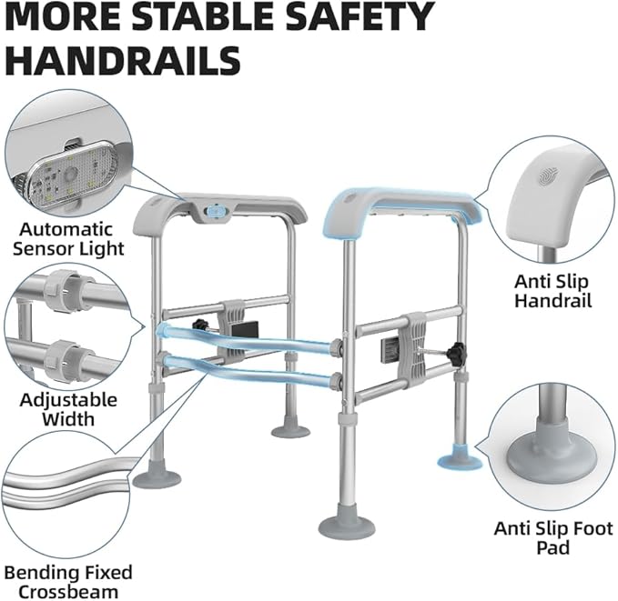 Toilet Safety Rail for Seniors with Sensor Light - Heavy Duty 300 Lbs, Universal Fit, Non-Slip Standing Aid, Included Storage Bag (Blue-Grey)