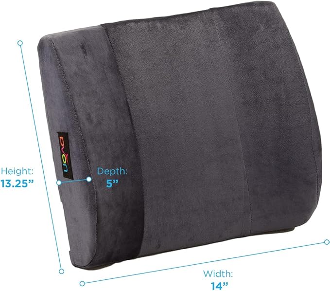 NOVA Lumbar Back Cushion – Contoured High-Density Foam Back Support Pillow for Office Chair, Car, Plane & Wheelchair, Adjustable Strap, Removable Washable Velour Cover, Charcoal Blue (14” x 13”)