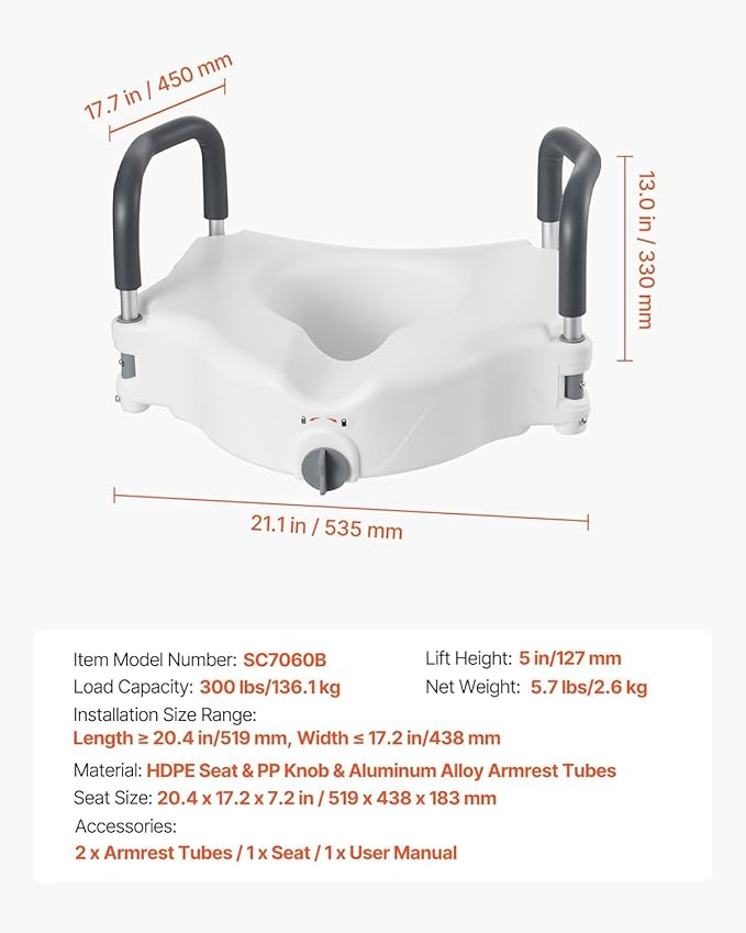 VEVOR Raised Toilet Seat with Arms, 300 lbs Load Capacity, 5-Inch Lift Height, Widened Commode Elevated Toilet Seat Riser with Padded Handles for Seniors, Elderly, Handicap, Disabled, and Adults Use
