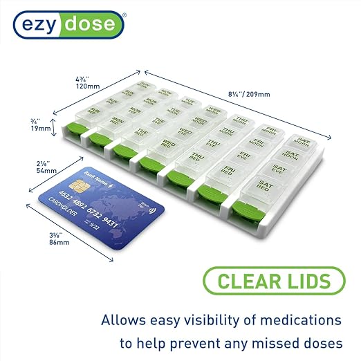 EZY DOSE Weekly (7 Day) 4 Times a Day Push Button Pill Organizer and Vitamin Planner, Removable Daily Pillboxes, Green, Convenient and Easy to Use, Clear Lids, Large, BPA Free