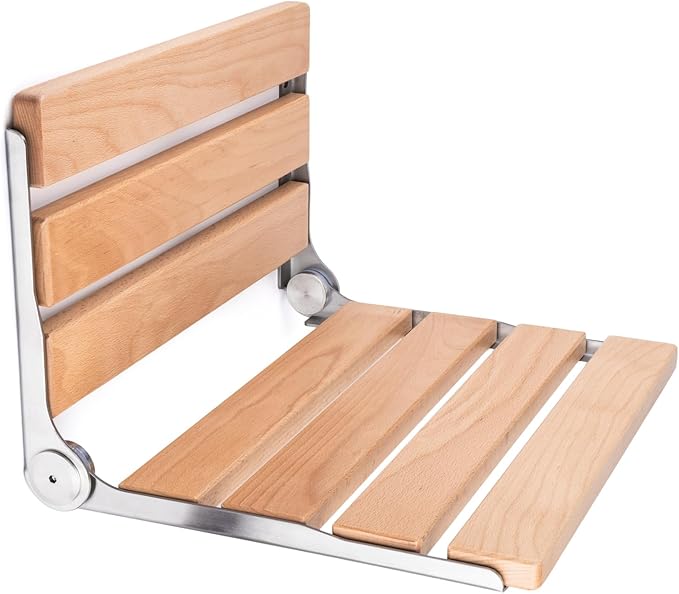 Jamini Folding Shower Seat Wall Mounted, 16.5", Beech Wood + SUS304 Steel, Heavy-Duty 330 lbs Seat for Seniors & Pregnant Women, Fits Small Showers, Balcony & Dressing Area