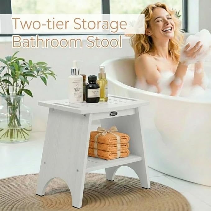 HDPS Shower Benches for Inside Shower to Sit on, Waterproof Shower Chair with Storage Shelf, Heavy Duty 500-lb Shower Seat, Shower Stool for Shaving Legs, Indoor/Outdoor Use, White