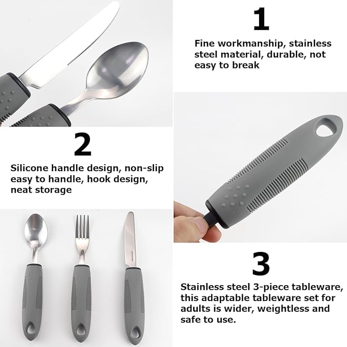 Adaptive Utensils Set for Seniors - 3Pcs Weighted Silverware for Hand Tremors, Arthritis, and Parkinson’s - Easy Grip Handles for Enhanced Stability - Dishwasher Safe