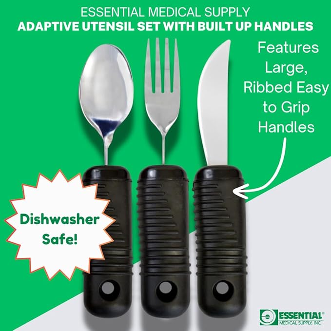 Essential Medical Supply Adaptive Utensil Set with Built Up Handles - Bendable Fork, Spoon, and Rocker Knife with Large Soft Handles for Arthritis, Orthopedic Recover and Elderly Individuals
