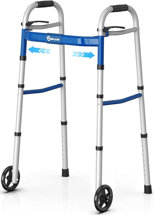Whlicks Narrow Folding Walkers for Seniors,Aluminum Lightweight Walkers with Wheels, Adjustable Width and Height Front Wheel Walker for Elderly and Disabled, Supports up to 350 lbs