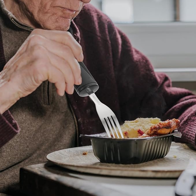 Healifty Adaptive Utensils Anti-Shake Tableware Set 3-Piece Non-Weighted Non-Slip Raised Handle Cutlery Fork Spoon Cutter 7.87 Inch Silverware for Elderly Arthritis Tremor Support