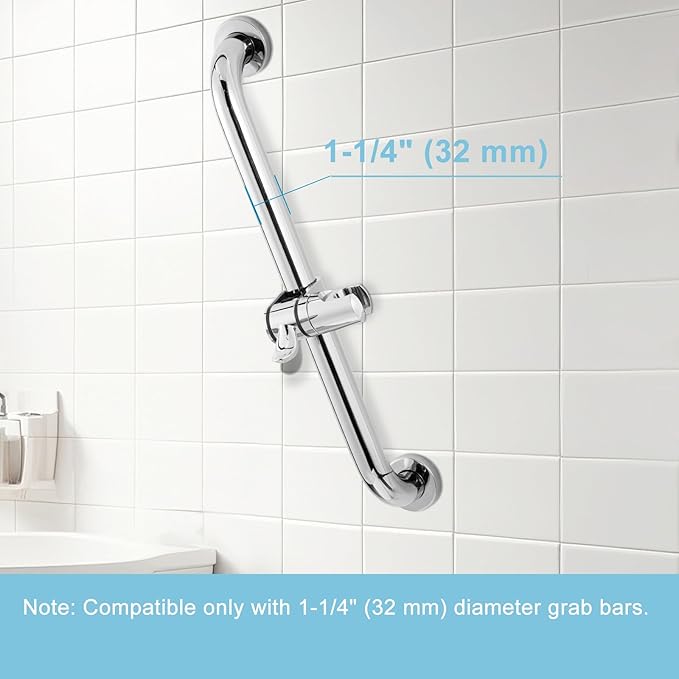 OFFO ADA Handshower Shower Grab Bar Head Holder, Universal Fit 1.25''(32mm) Hand Held Shower Bracket for Handicap Grab Bar, Detachable Bathroom Replacement, 360 Degree Rotation Sprayer Holder, Chrome