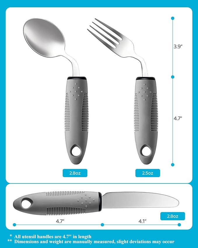3-Piece Adaptive Utensils Set for Adults - 45° Angled 2.5oz Weighted Spoon, Fork, Knife for Hand Tremors and Parkinson’s Patients - Non-Slip Easy-Grip Handles