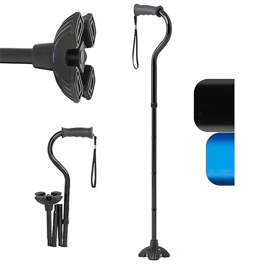 Medline Offset Folding Cane, 4-Point Base with Cushioned Gel Handle, Supports up to 350 lbs, Black