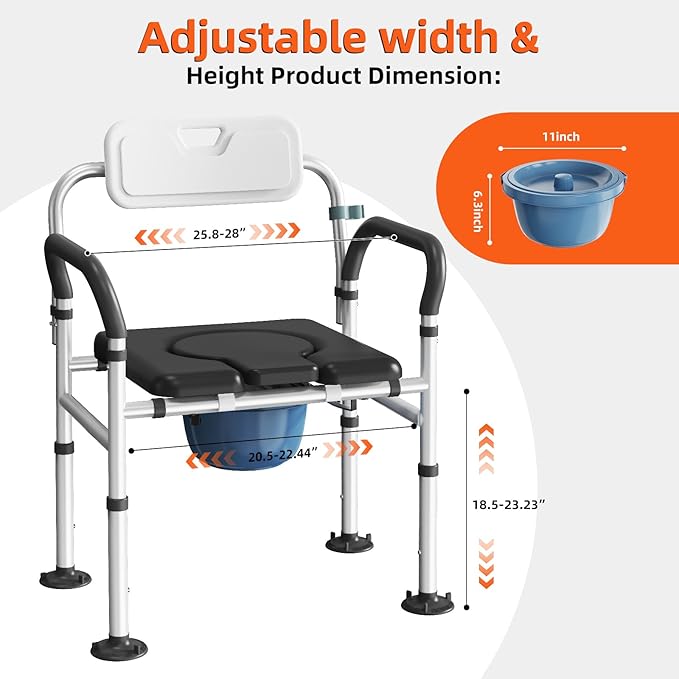 Heavy Duty Bedside Commode Chair with Adjustable Height and Width, Raised Toilet Seat with Arms Handles and Back Support for Elderly, Portable Bedside Toilet with Bucket (Width 20.4-22.44")