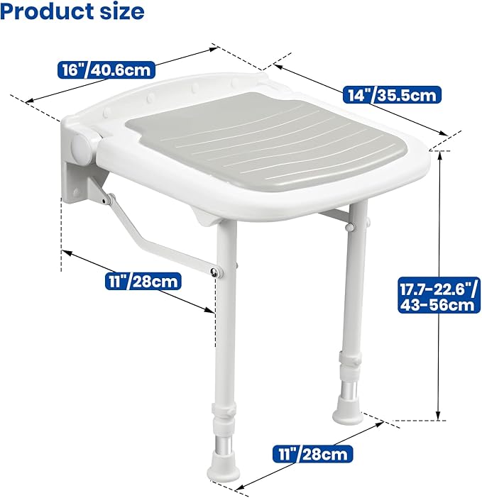 Wall Mounted Shower Seats, Support 550lbs, Adjustable Height Fold Down Shower Seat Wall Mounted, Folding Shower Bench Wall Mounted for Elderly-Adults-Pregnants-Seniors-Disabled