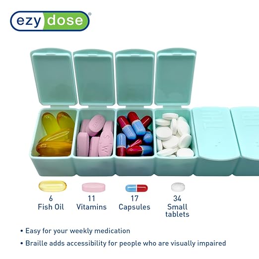 EZY DOSE Weekly (7-Day) Daily Pill Case, Embossed Matte Pill Case, Daily Medicine & Vitamin Organizer Box, Large Easy-Open Compartments, BPA-Free Medication Planner for Home & Travel, Teal