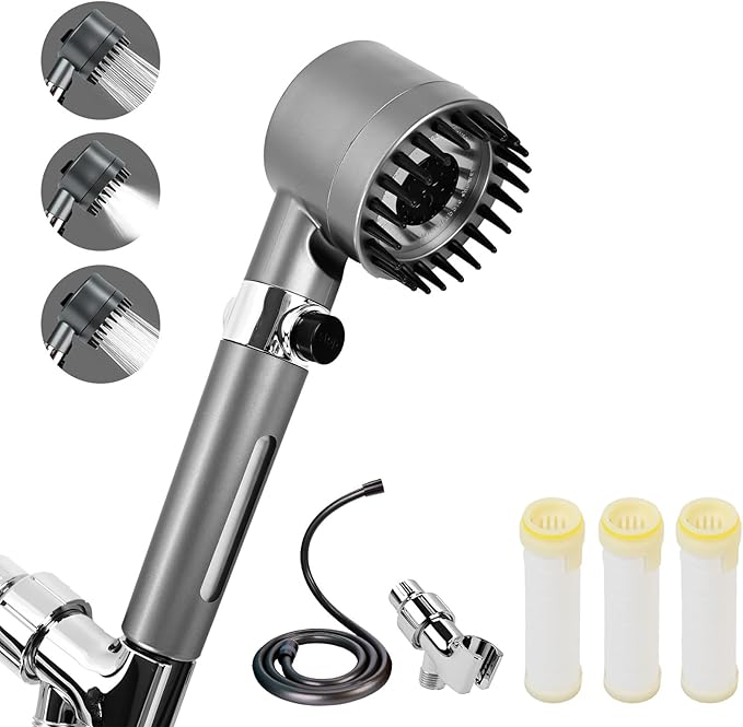 Filtered Shower Head with Handheld, High Pressure Water Flow and 4 Spray Modes, Power Wash for Hard Water, Showerhead Set with 59″ Hose、Bracket、Filters, ON/OFF Switch for Pets Bath (Grey)