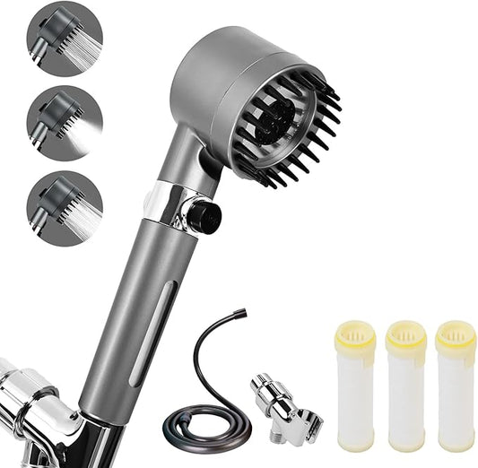 Filtered Shower Head with Handheld, High Pressure Water Flow and 4 Spray Modes, Power Wash for Hard Water, Showerhead Set with 59″ Hose、Bracket、Filters, ON/OFF Switch for Pets Bath (Grey)