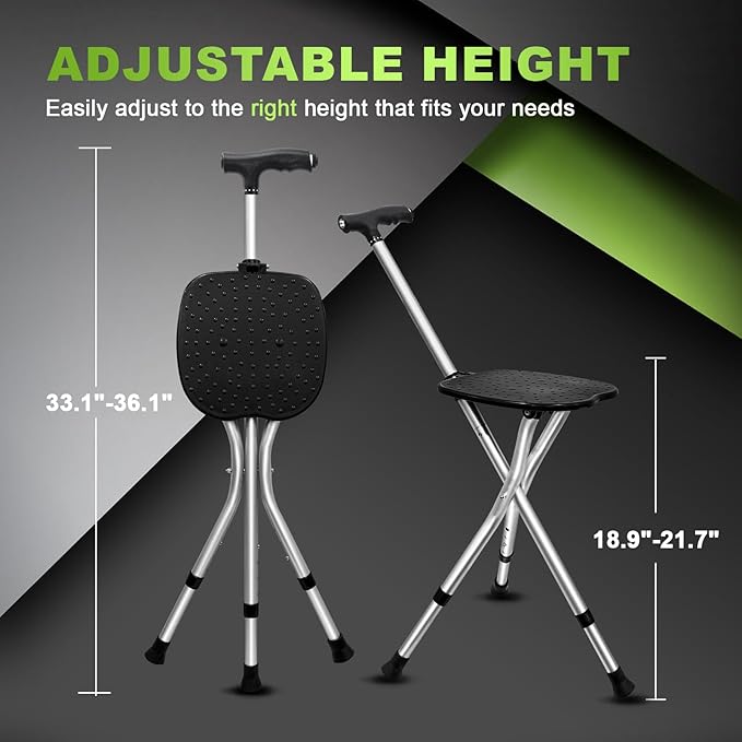 BigAlex Alloy Folding Cane with Seat, Lightweight Adjustable Walking Cane with Seat, Cane Seat with LED for Seniors, Cane Chair for Woman/Man,Anti-Slip Walking Stick for Seniors