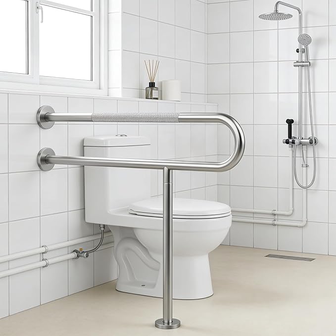 Toilet Grab Bar Support Rail 31.5 Inch, Anti-Slip Knurled Brushed Nickel Safety Bar, Handicap Bathroom Handrails for Elderly Disabled Pregnant, 304 Stainless Steel Wall to Floor