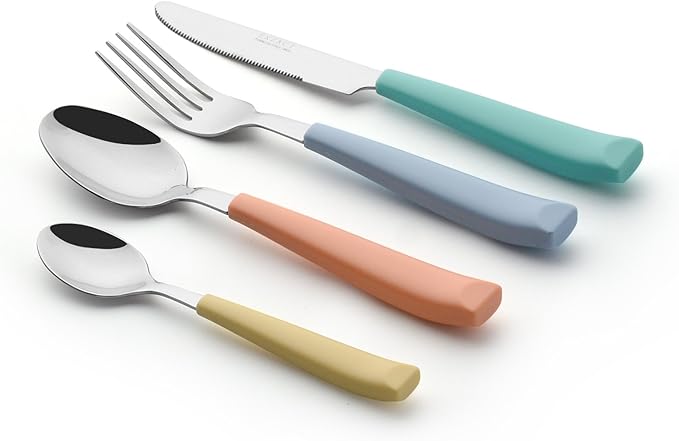 EXZACT 24-Piece Flatware Set for 6 – Mixed Colored Stainless Steel Cutlery with Wide Plastic Handles – Comfortable Tableware: Forks, Knives, Spoons, Teaspoons