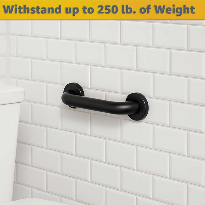 12" Matte Black Restroom Grab Bar - Stainless Steel Bathroom Safety Rail for Shower, Toilet, or Wall Mount - Durable 250 lb. Support Bar for Elderly - Commercial or Home Use