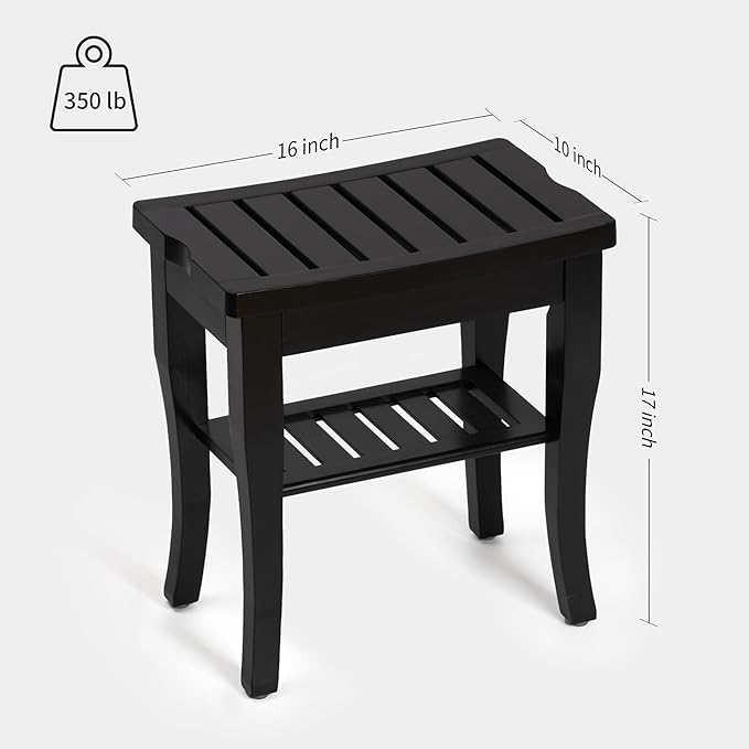 Bamboo Shower Bench, Spa Small Shower Stool for Inside Shower Waterproof, Bathroom Bench Seat with Storage Shelf for Adults Elderly Seniors, Wood Chair for Indoor or Outdoor Use, Black