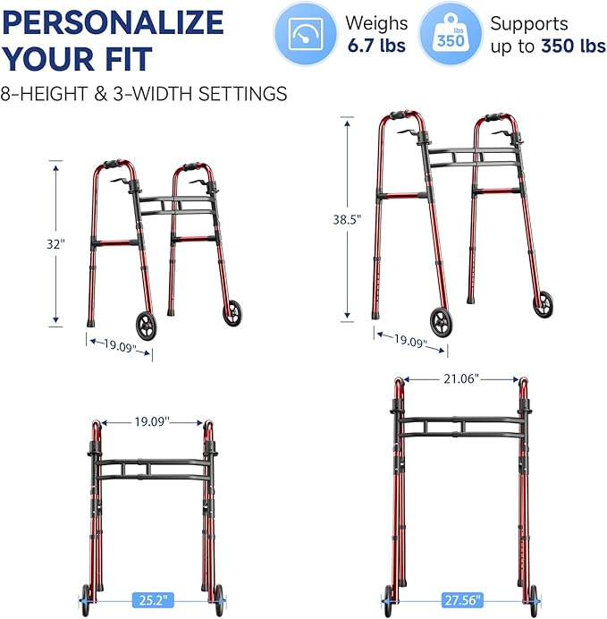 Loyoda Walkers for Seniors Foldable, Aluminum Lightweight Walker with Wheels, Adjustable Height & Width Standard Walkers for Elderly & Disabled, 350 lbs Capacity, Red