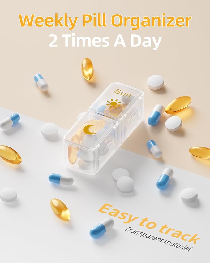 AM PM Pill Organizer 2 Times A Day, 7 Day Pill Box Weekly Pill Organizer Travel with Separate Container, Portable Daily Medicine Planner Dispenser Case for Vitamin, Fish Oils, Supplements（Beige）