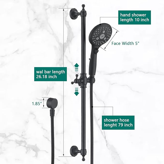 Handheld Shower Head with Slide Bar Combo, 6 Settings Handheld Shower with ON/OFF Pause Switch, Adjustable Height 27.5" Long Slide Bar, Wall Supply Elbow and 6.6ft Shower Hose, Matte Black