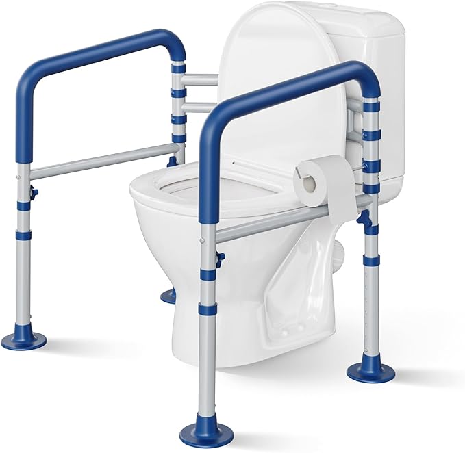 Loyoda Steel Toilet Safety Rail for Seniors with Adjustable Height and Width - 11.7lbs Heavy-Duty Foldable Toilet Handle for Toilet Support, Elderly and Accessibility Aid （Blue）