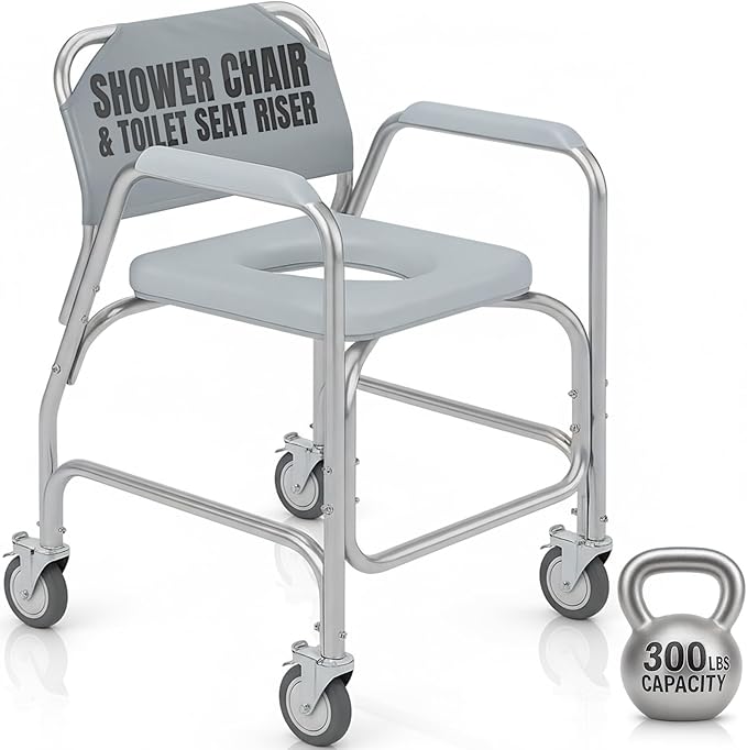 Vive Shower Chair & Toilet Riser with Wheels - Rolling Bathroom Seat for Elderly, Disabled, Handicapped - Adjustable Senior Raised Bath Potty Chair with Handles for Adults - w/ Arms & Locking Wheels