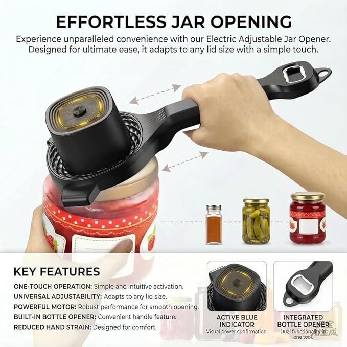 Electric Jar Opener, Bottle Opener, Smoothly Electric Adjustable Design, Comfortable Easy-Grip Handle, Multifunctional for Seniors & Weak Hands & Kids, Gift for Mother