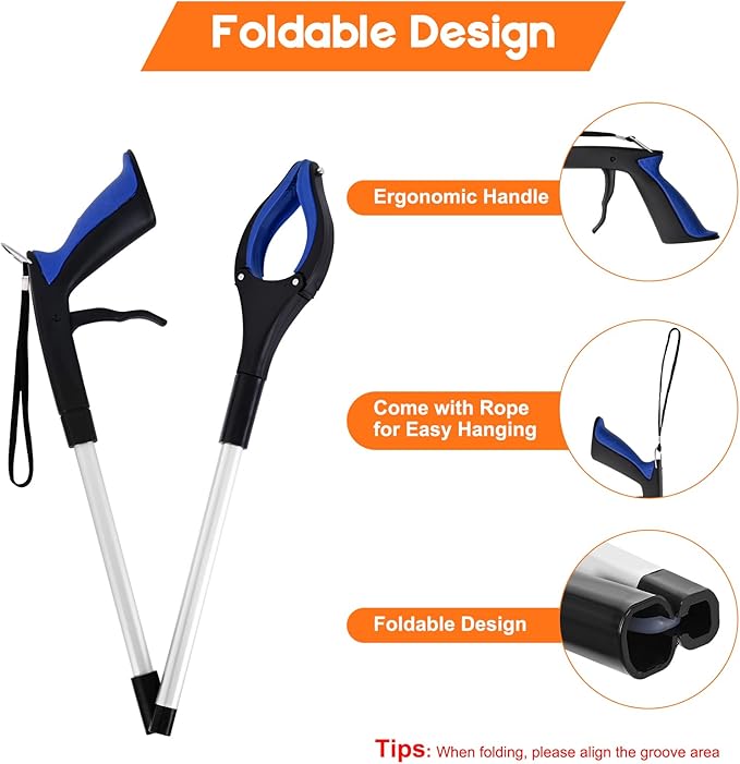 2-Pack Grabber Reacher Tool, 34" Foldable Reacher Grabber Pickup Tool with 360° Anti-Slip Rotating Jaw & Magnets, 4" Wide Claw Opening Reachers for Seniors, Trash Picker Tool
