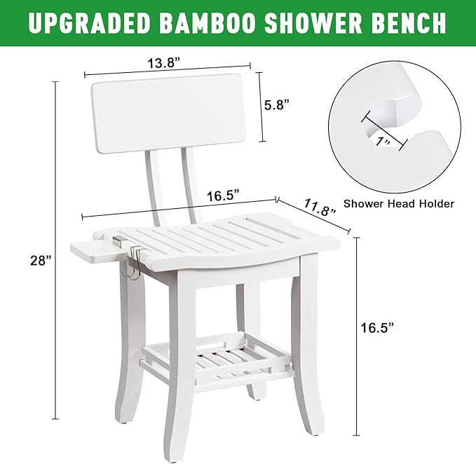 Ollieroo Two-Tier Bamboo Shower Chair for Inside Shower, Waterproof Baby Bath Seat with Storage Shelf, Soap Dish and Shower Head Holder, Shower Stool for Seniors Adults Disabled Pregnant(White)