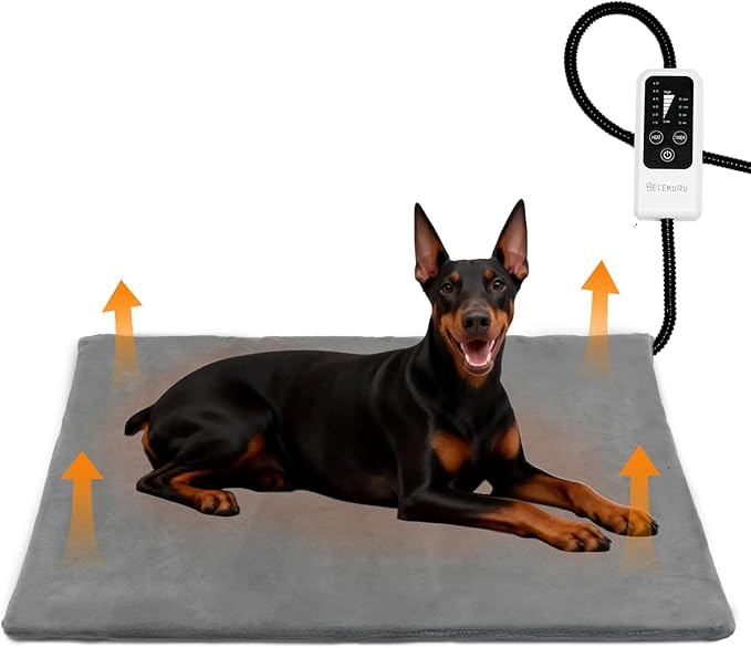 BECEMURU Pet Heating Pad for Dogs & Cats, 36"x24" Waterproof Heated Bed with 6-Temp & Timer, Chew-Resistant Cord Electric Warm Bed for Senior Pets, Soothing Pain Relief for Arthritis