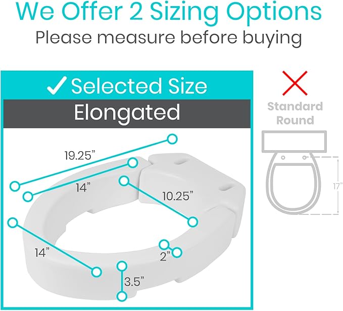 Vive Raised Toilet Seat (Elongated, Adds 3.5 Inches) - Elevated Toilet Seat Riser & Extender for Seniors & Handicap - High Rise Toilet Extension for Elderly - Portable Commode Toilet Booster for Adult