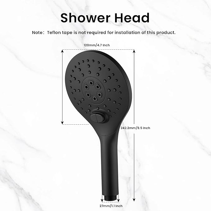KPW Shower Head Detachable Handheld Matte Black 3 Spray Modes High Pressure Showers