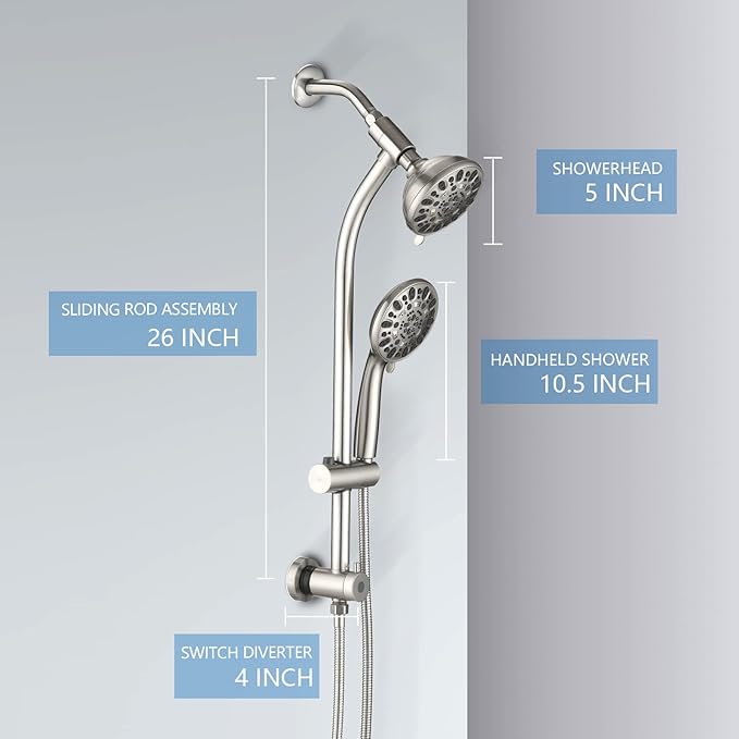 High Pressure 48-Settings Shower Head with Handheld Shower,Drill-Free 3-Way Diverter for Easy Reach,Adjustable Height Slide Bar Dual Shower Head Combo Set - Brushed Nickel
