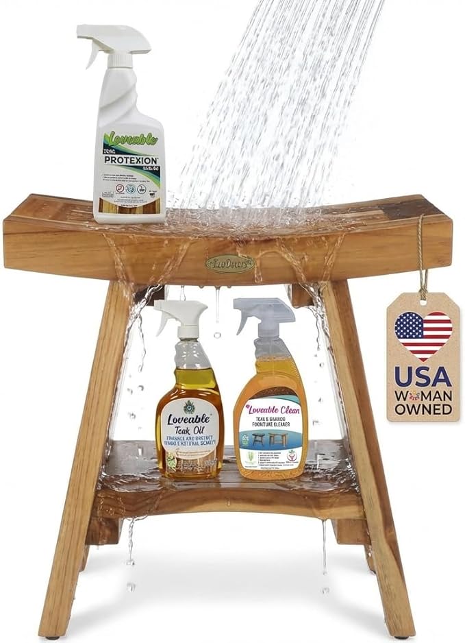EcoDecors Serenity Teak Shower Bench – 18 Inch, Natural Finish + Loveable 24 oz Teak Oil + Loveable 32 oz Teak Cleaner + Loveable 16 oz Protexion Sealer