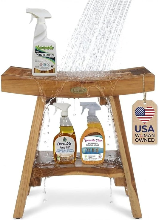 EcoDecors Serenity Teak Shower Bench – 18 Inch, Natural Finish + Loveable 24 oz Teak Oil + Loveable 32 oz Teak Cleaner + Loveable 16 oz Protexion Sealer