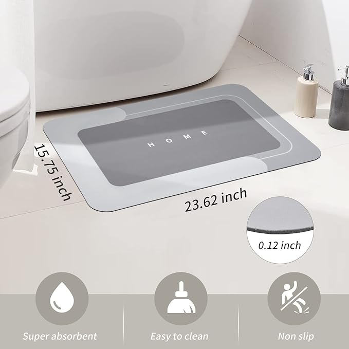 Housego Absorbent Bath Mat Magic Rug, Quick Drying Mat Magic Bath Mat Non-Slip Floor Rug Rubber Backed for Bathroom Kitchen Shower Sink, Water Absorbent (1PC, 15.7''x23.6'', Light Gray)