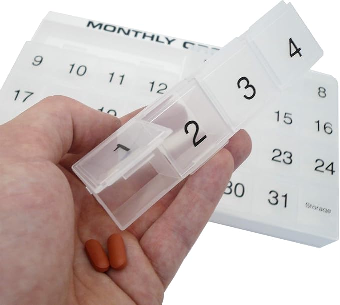 31 compartments, 1 per Day, 4 Week Monthly Pill Organizer by Promed. Includes Tray and 8 Removable compartments. (White)