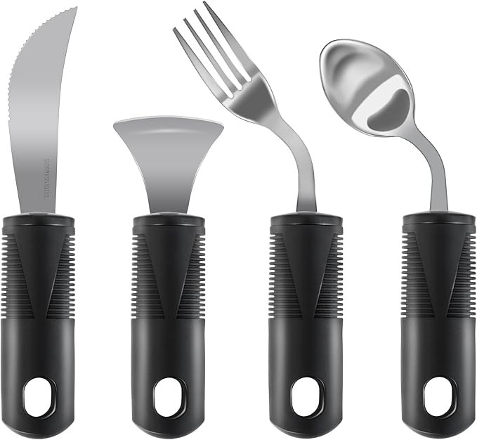 Adaptive Utensils, Weighted Utensils for Hand Tremors, Utensils for Parkinsons Patients,Elderly,Arthritis,Weak Hand Grip. Stainless Steel Knife,Fork,Spoons and Rocker Knife Set (4pcs Right-Handed)