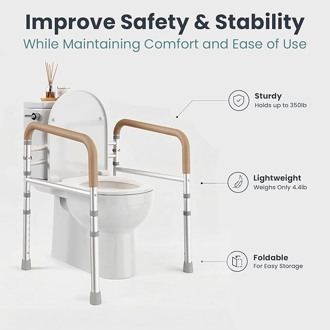 PELEGON Toilet Safety Rails (350 lb) - Adjustable Toilet Safety Frame & Rails, Toilet Safety Rail for Elderly Adults, Toilet Handles for Seniors, Toilet Bars for Elderly, Disabled & Handicap - Beige