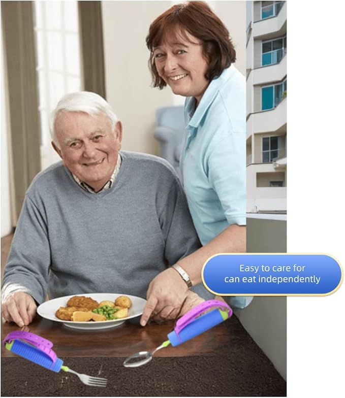 Bendable Adaptive Utensils Spoons Forks Set,Left and Right Handed, for Hand Tremors & Muscle Weakness,Arthritis,Stroke,Parkinson,360 Degree Rotation Weighted Rubber Strap,Eating & Drinking Aids