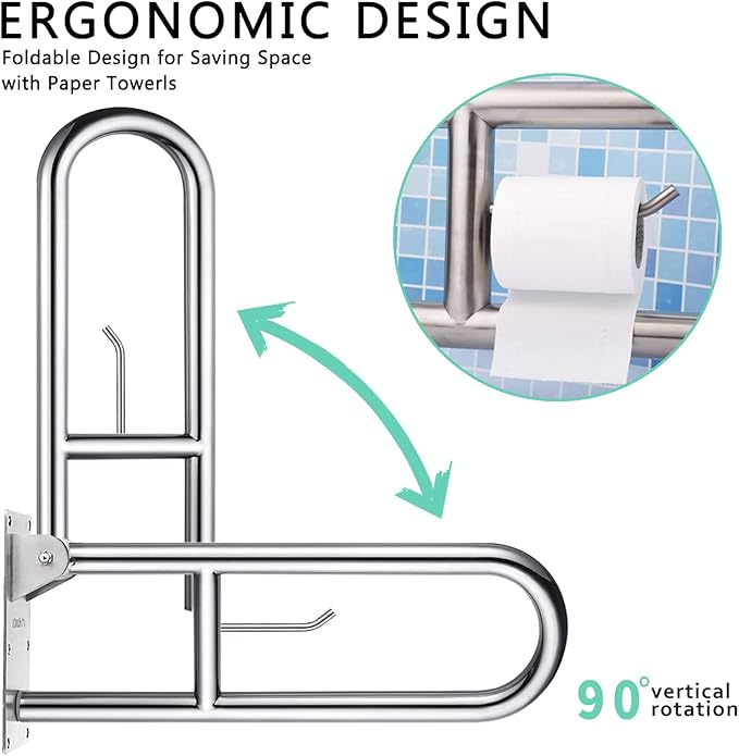 29.5 INCH Stainless Toilet Safety Rails,Disabled Flip-Up Bathroom Grab Bar with Paper Holder,Toilet Handrails Hand Grips Handle Shower Assist Aid, WochiTV Handicap Grab Bars for Elderly