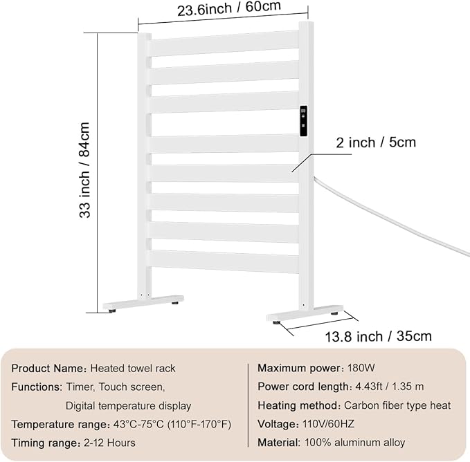 Verida Towel Warmer for Bathroom, Heated Towel Rack, Upgraded Extra-Wide Heating Area, Built-in Timer and Temperature Adjustment, Large Free-Standing Heated Towel Racks, White 8 Bar Large