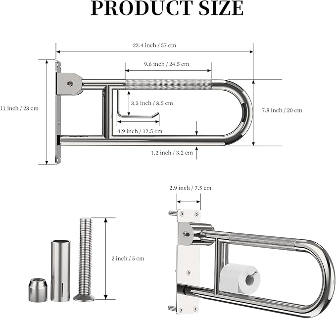 Toilet Grab Bar 22.4 Inch, YuanDe Flip Up Grab Bar with Paper Holder, Polished Chrome Anti-Slip Safety Bars for Toilet, Stainless Steel Knurled Toilet Handles for Seniors Disabled Elderly Pregnant