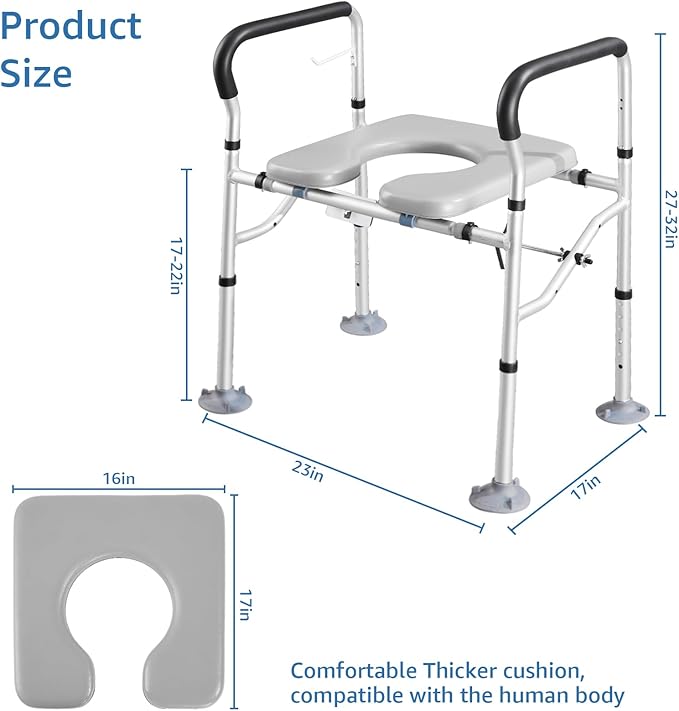 Raised Toilet Seat 400lbs, Toilet Seat Risers for Seniors, Handicap Elevated Toilet Seat with Handles & Padded Seat, Commode Chair with Adjustable Height, for Elderly, Pregnant, Fit Any Toilet